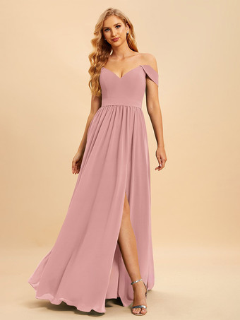 ピンクブライズメイドドレス シフォン ボールガウン フロアレングス ウェディング パーティードレス