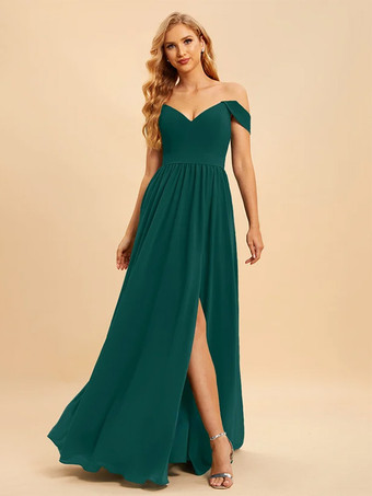 エメラルド ブライズメイドドレス シフォン ボールガウン フロアレングス ウェディング パーティードレス