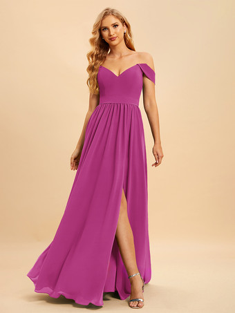 マゼンタブライズメイドドレス シフォン ボールガウン フロアレングス ウェディング パーティードレス