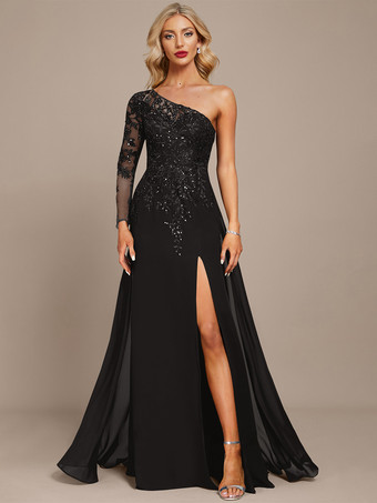 ブラックマザードレス ワンショルダー 長袖 ボールガウン スパンコール ゲストドレス 結婚式用