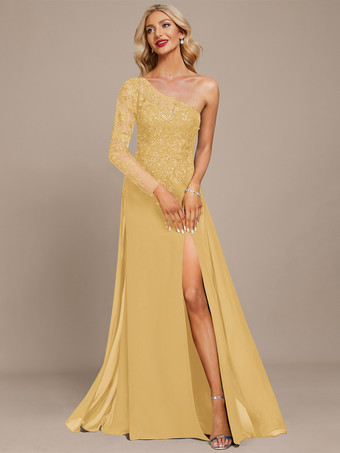 イエローマザードレス ワンショルダー 長袖 ボールガウン スパンコール ゲストドレス 結婚式用