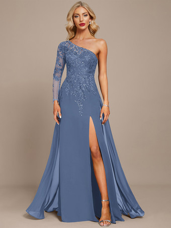 スチールブルーマザードレス ワンショルダー 長袖 ボールガウン スパンコール ゲストドレス 結婚式用