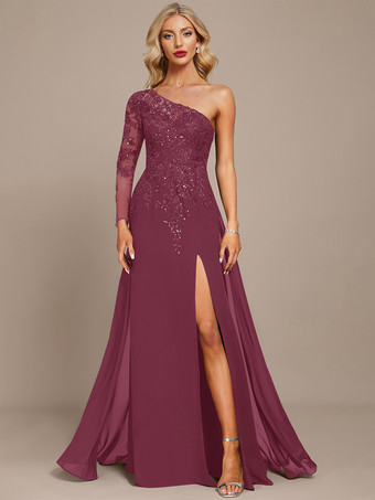 エンバーレッドマザードレス ワンショルダー 長袖 ボールガウン スパンコール ゲストドレス 結婚式用