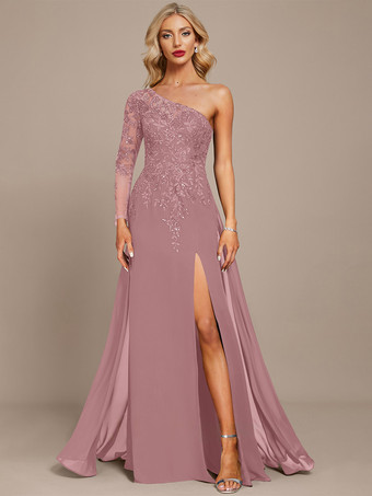 カメオピンクマザードレス ワンショルダー 長袖 ボールガウン スパンコール ゲストドレス 結婚式用