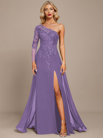 ラベンダーマザードレス ワンショルダー 長袖 ボールガウン スパンコール ゲストドレス 結婚式用