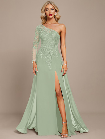 ミントグリーンマザードレス ワンショルダー 長袖 ボールガウン スパンコール ゲストドレス 結婚式用