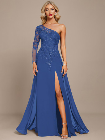 ブルーマザードレス ワンショルダー 長袖 ボールガウン スパンコール ゲストドレス 結婚式用