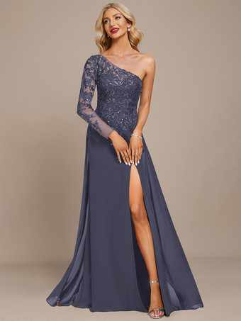 スレートグレー マザードレス ワンショルダー 長袖 ボールガウン スパンコール ゲストドレス 結婚式用