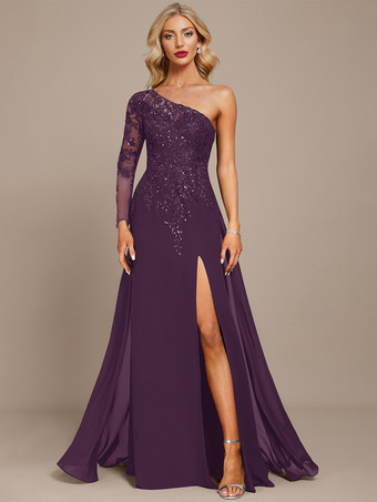 プラムマザードレス ワンショルダー 長袖 ボールガウン スパンコール ゲストドレス 結婚式用