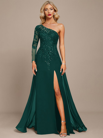 グリーン マザードレス ワンショルダー 長袖 ボールガウン スパンコール ゲストドレス 結婚式用