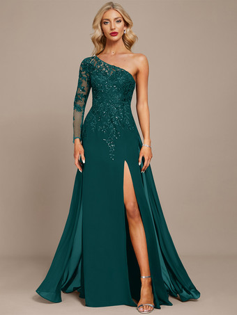 ターコイズグリーンマザードレス ワンショルダー 長袖 ボールガウン スパンコール ゲストドレス 結婚式用