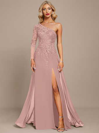 ピンクマザードレス ワンショルダー 長袖 ボールガウン スパンコール ゲストドレス 結婚式用