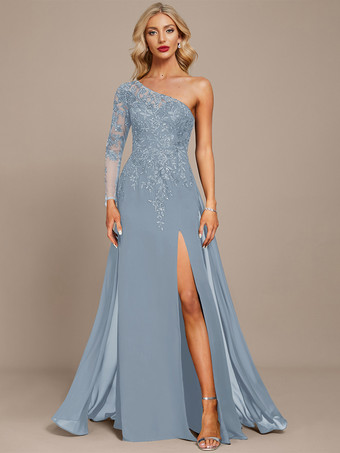 スカイブルー マザードレス ワンショルダー 長袖 ボールガウン スパンコール ゲストドレス 結婚式用