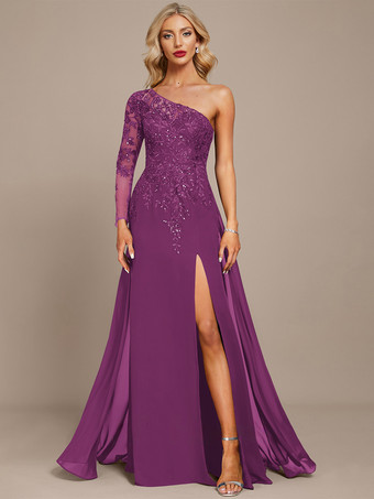 マゼンタマザードレス ワンショルダー 長袖 ボールガウン スパンコール ゲストドレス 結婚式用