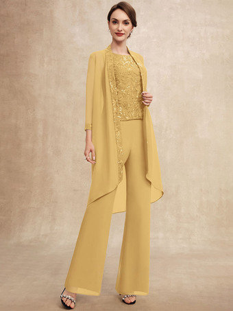 イエロー花嫁の母親のためのパーティードレス ジュエルネック ノースリーブ ツーピース スパンコール ゲストドレス 結婚式用