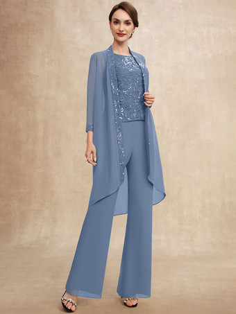 スチールブルー花嫁の母親のためのパーティードレス ジュエルネック ノースリーブ ツーピース スパンコール ゲストドレス 結婚式用