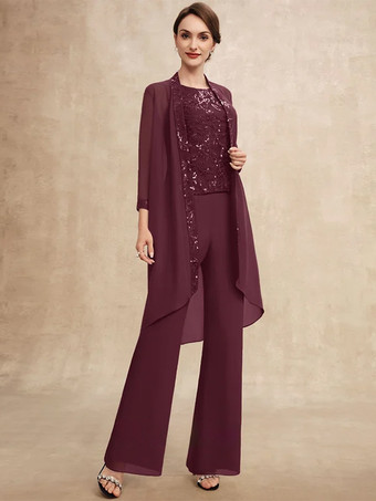 エンバーレッド花嫁の母親のためのパーティードレス ジュエルネック ノースリーブ ツーピース スパンコール ゲストドレス 結婚式用