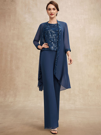 ダークネイビー花嫁の母親のためのパーティードレス ジュエルネック ノースリーブ ツーピース スパンコール ゲストドレス 結婚式用