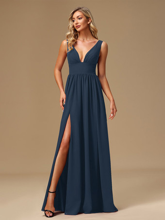 ダークネイビーブライズメイドドレス ボールガウン フロアレングス ジッパー シフォン プロムドレス