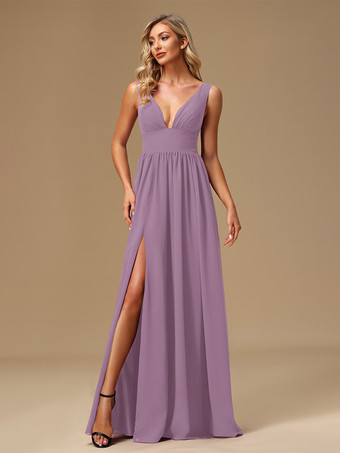 ラベンダーブライズメイドドレス ボールガウン フロアレングス ジッパー シフォン プロムドレス