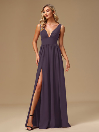 プラムブライズメイドドレス ボールガウン フロアレングス ジッパー シフォン プロムドレス