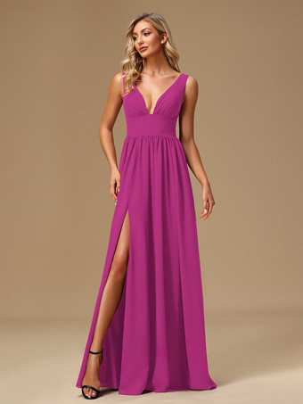 マゼンタブライズメイドドレス ボールガウン フロアレングス ジッパー シフォン プロムドレス