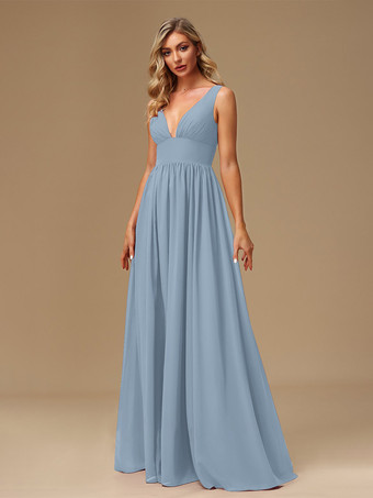 スチールブルーブライズメイドドレス ボールガウン フロアレングス ジッパー シフォン プロムドレス