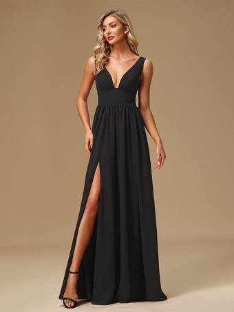 ブラックブライズメイドドレス ボールガウン フロアレングス ジッパー シフォン プロムドレス