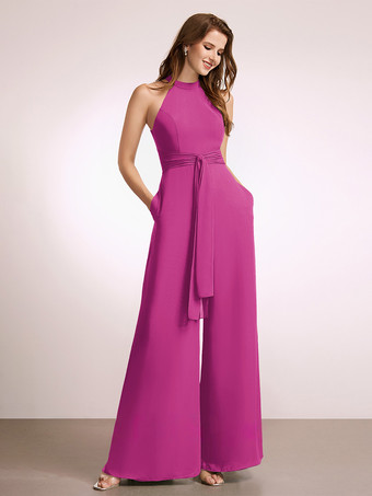 マゼンタブライズメイドドレス ジャンプスーツ フロアレングス ジッパー ポリエステル プロムドレス