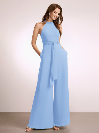 スカイブルー ブライズメイドドレス ジャンプスーツ フロアレングス ジッパー ポリエステル プロムドレス