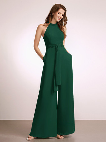 エメラルド ブライズメイドドレス ジャンプスーツ フロアレングス ジッパー ポリエステル プロムドレス