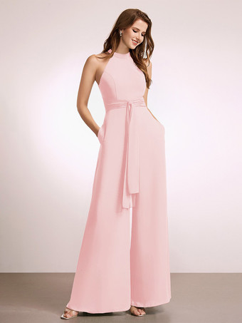 ピンクブライズメイドドレス ジャンプスーツ フロアレングス ジッパー ポリエステル プロムドレス
