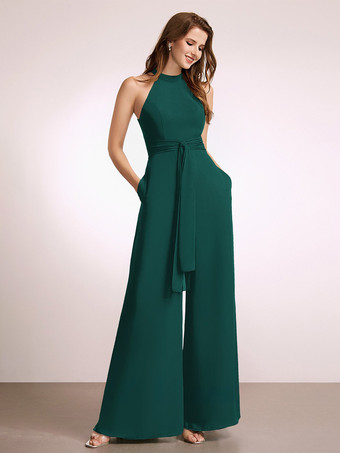 ターコイズグリーンブライズメイドドレス ジャンプスーツ フロアレングス ジッパー ポリエステル プロムドレス