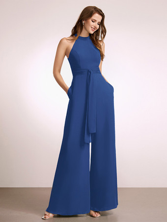ブルーブライズメイドドレス ジャンプスーツ フロアレングス ジッパー ポリエステル プロムドレス