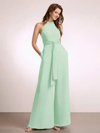 ミントグリーンブライズメイドドレス ジャンプスーツ フロアレングス ジッパー ポリエステル プロムドレス