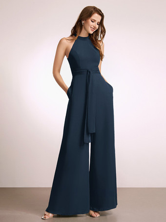 ダークネイビーブライズメイドドレス ジャンプスーツ フロアレングス ジッパー ポリエステル プロムドレス