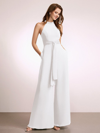 アイボリーブライズメイドドレス ジャンプスーツ フロアレングス ジッパー ポリエステル プロムドレス