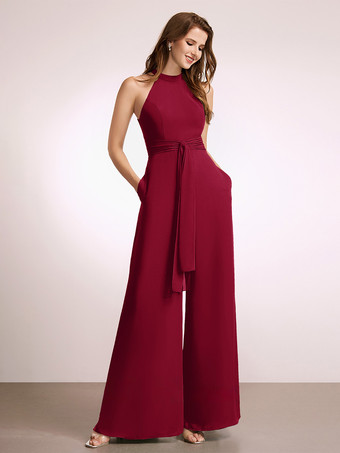 エンバーレッドブライズメイドドレス ジャンプスーツ フロアレングス ジッパー ポリエステル プロムドレス