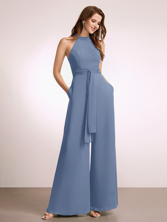 スチールブルーブライズメイドドレス ジャンプスーツ フロアレングス ジッパー ポリエステル プロムドレス