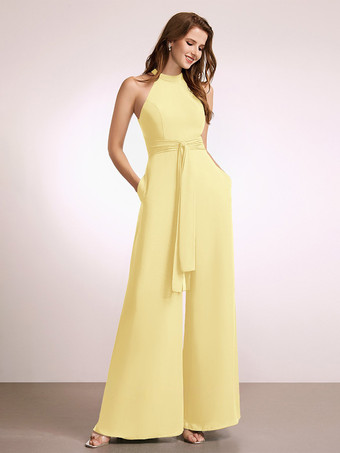 イエローブライズメイドドレス ジャンプスーツ フロアレングス ジッパー ポリエステル プロムドレス