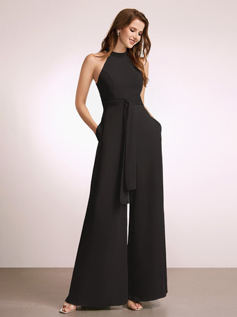 ブラックブライズメイドドレス ジャンプスーツ フロアレングス ジッパー ポリエステル プロムドレス