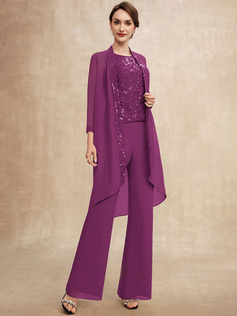 マゼンタ花嫁の母親のためのパーティードレス ジュエルネック ノースリーブ ツーピース スパンコール ゲストドレス 結婚式用