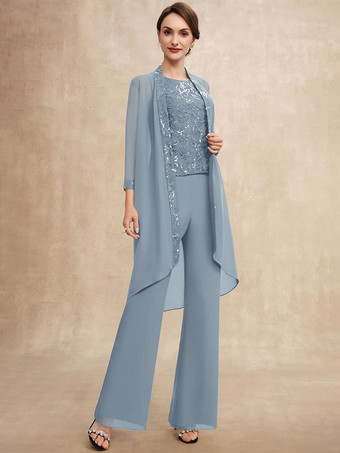 スカイブルー 花嫁の母親のためのパーティードレス ジュエルネック ノースリーブ ツーピース スパンコール ゲストドレス 結婚式用