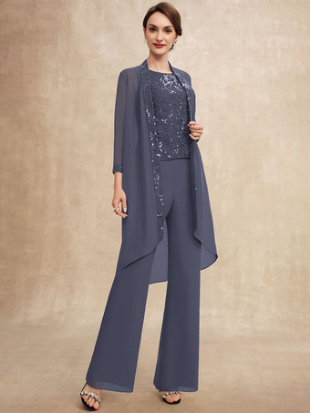 グレーブルー花嫁の母親のためのパーティードレス ジュエルネック ノースリーブ ツーピース スパンコール ゲストドレス 結婚式用