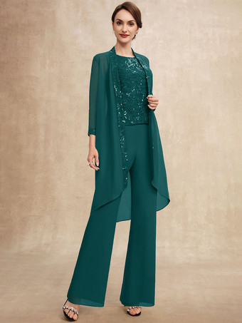 ターコイズグリーン花嫁の母親のためのパーティードレス ジュエルネック ノースリーブ ツーピース スパンコール ゲストドレス 結婚式用