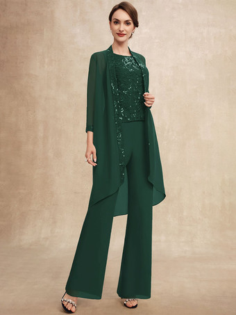 グリーン 花嫁の母親のためのパーティードレス ジュエルネック ノースリーブ ツーピース スパンコール ゲストドレス 結婚式用