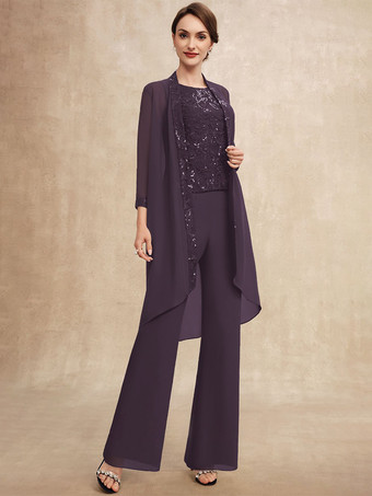 プラム花嫁の母親のためのパーティードレス ジュエルネック ノースリーブ ツーピース スパンコール ゲストドレス 結婚式用