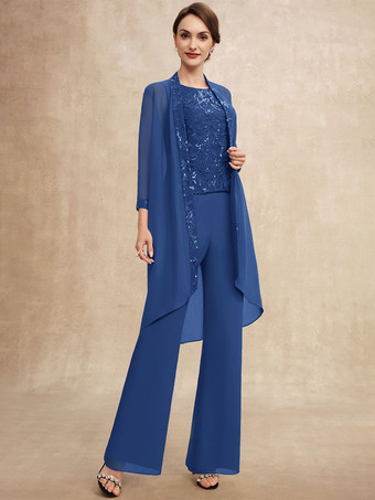 ブルー花嫁の母親のためのパーティードレス ジュエルネック ノースリーブ ツーピース スパンコール ゲストドレス 結婚式用