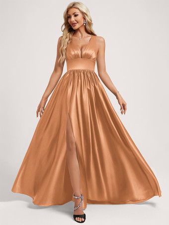 イエローブライズメイドドレス ボールガウン フロアレングス ジッパー 伸縮性 シルクライク サテン プロムドレス