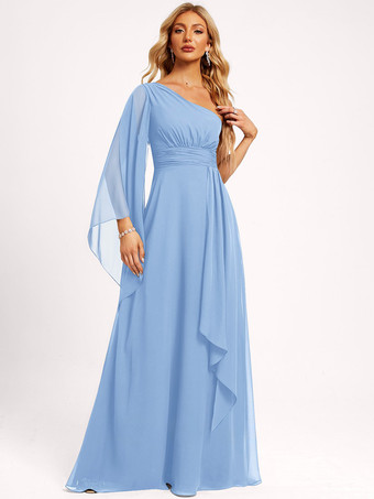 スカイブルー ブライズメイドドレス シフォン ボールガウン フロアレングス ウェディング パーティードレス